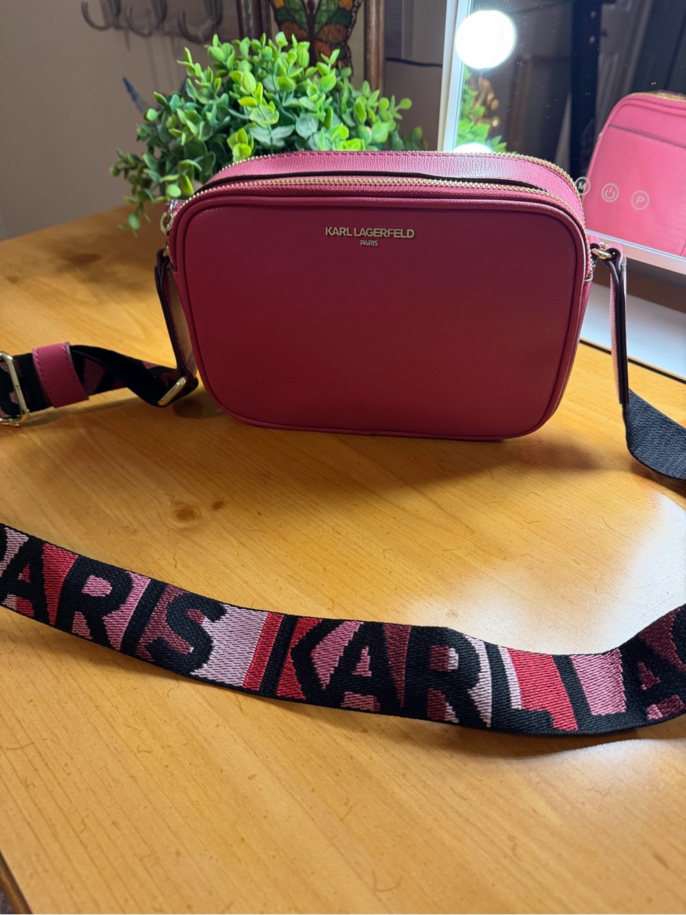 Karl Lagerfeld Raspberry Pink Crossbody Camera Bag with Logo Strap